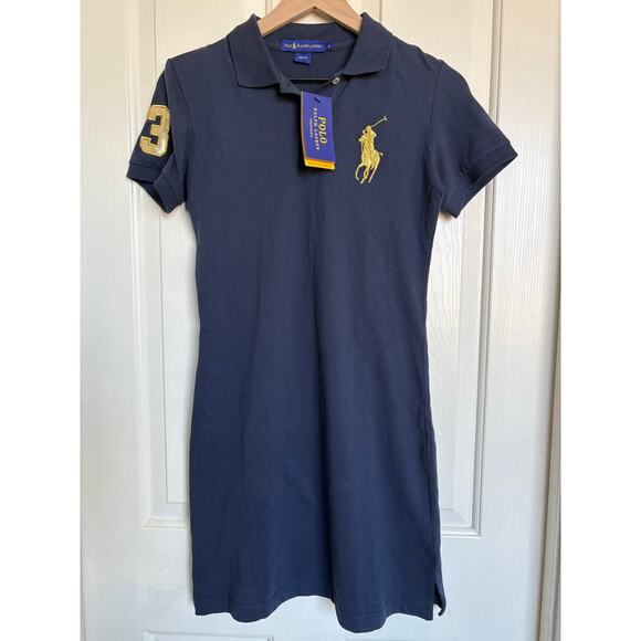Polo Ralph Lauren Women’s Shirt Dress Big Pony Logo Sz L Slim Navy The Mesh Mini - Picture 1 of 5